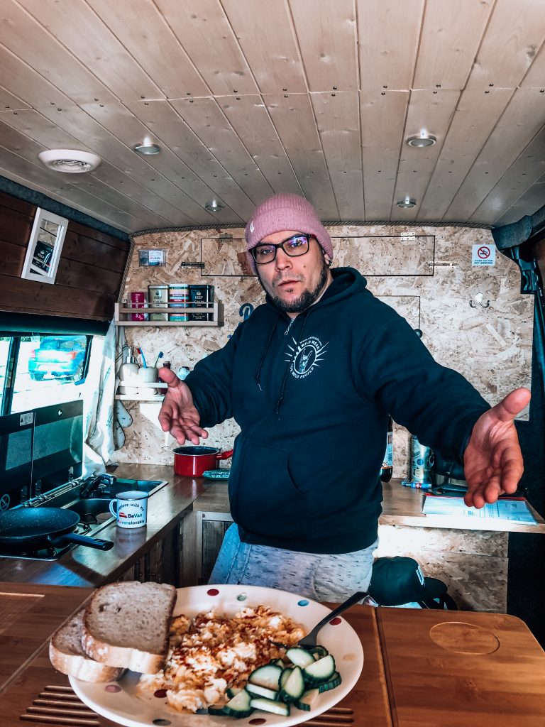 <img src="twovelers blog- vanlife-bevan.jpg" alt="breakfast in bed bevan campervan ”>